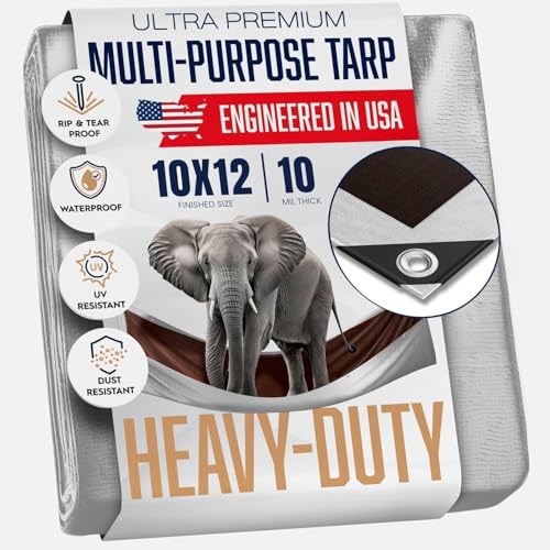 10x12 Heavy Duty Tarp, 10 Mil Thick, Waterproof, Tear & Fade Resistant, High Durability, UV Treated, Grommets Every 18 Inches. (Silver/Brown - Reversible) (10 x 12 Feet) - size: 10x12