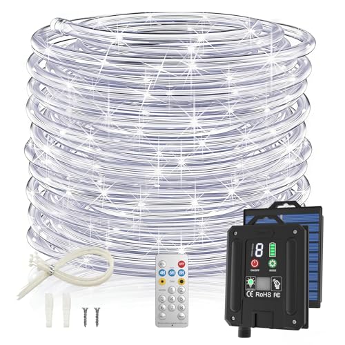 ICRGB Solar Rope Lights, 66FT 200LED 1800mAh Outdoor Waterproof Solar Lights with Remote, IP67 String Light with Timing & 8 Modes for Garden Tree Pathway Yard Pool RV Christmas Decor, White - color: Cool White, size: 66FT