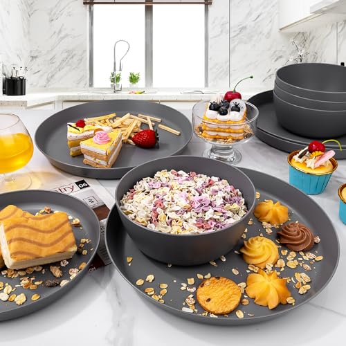 EI 12pcs Wheat Straw Dinnerware Set of 4,Kitchen Plates and Bowls,Reuasble Plates,Unbreakable Dinner Plate,Hard Premium Plastic Plate for Camping,Picninc,Halloween - color: Dark Grey Wheat Straw Plates and Bowls