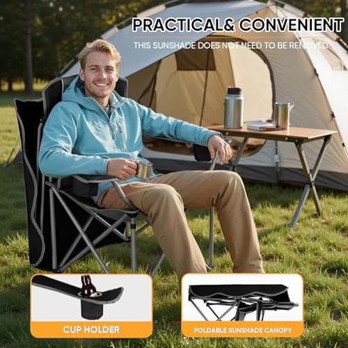 Northroad Folding Camping Chairs with Canopy Shade, Beach Chair w/Cup Holders, Armrests & Carry Bag for Outdoors Travel Sports Fishing, Black - color: Black