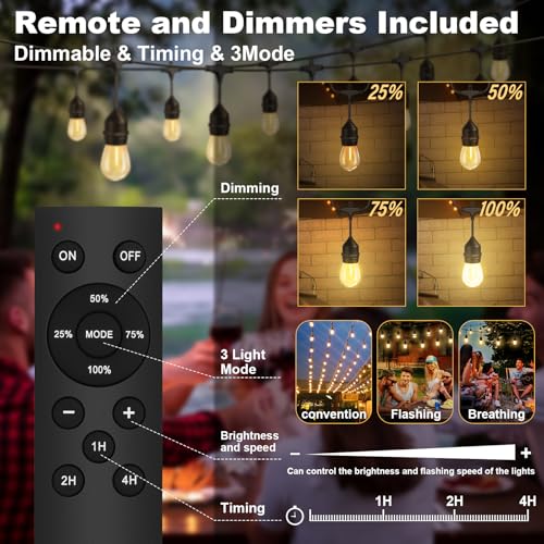 100FT Outdoor String Lights with 64+4 Bulbs (1.5FT Bulbs Spacing), Remote & Dimmer, Commercial Patio String Lights with 3 Mode Light & Timing, IP65 Waterproof, 100PC Mounting Ties for Outside - size: 100ft With Remote (1.5ft Bulbs Spacing)
