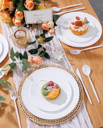 WONDERFUL 32pcs White Plastic Plates Reusable Unbreakable Dinnerware Set Dishes Set Dishwasher Safe Outdoor Plates Includes:16 Dinner 10" and 16 Dessert Plate 7.3" Ideal for Wedding/Mothers Day - color: White