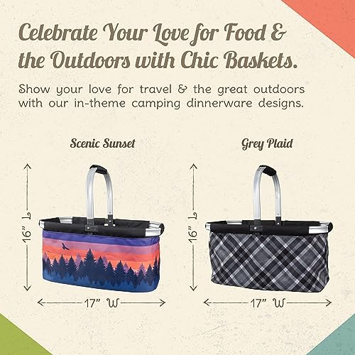 Picnic Basket for Camping - Collapsable Picnic Basket for Picnics, Grocery, & Festivals - Sturdy Food Picnic Basket with Zipper Pocket & Built-in Clip - 16” x 17” Scenic Sunset Basket, Camp Casual