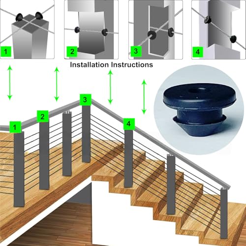 50-Pack Black Cable Railing Rubber Grommets for 1/8" 5/32" 3/16" Stainless Steel Wire, Level Metal Post Protector Sleeves, Indoor & Outdoor