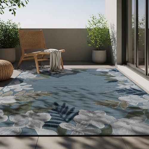 Outdoor Rug 8x10 Washable Area Rugs Indoor Outdoor Carpets Aqua Border Floral Non Shedding Waterproof Easy Clean Patio Deck Porch Living Room Bedroom Garden RV (8 X 10 Aqua) - color: 1-aqua, size: 8' x 10' (Rectangular)