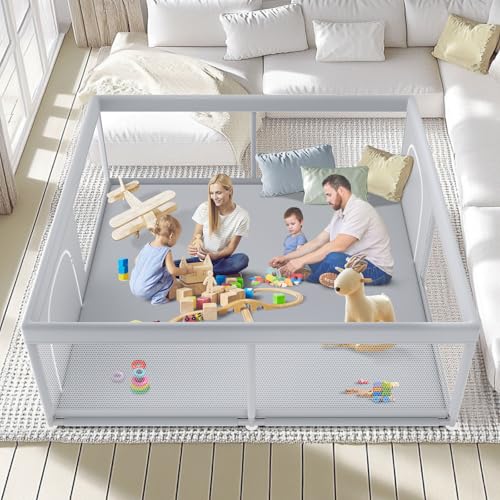 Fshibila 79" ×79" Extra Large Baby Playpen, Baby Playard for Babies and Toddlers, BabyFence Play Pens for Indoor & Outdoor, Sturdy Safety Play Yard with Soft Breathable Mesh, Anti-Fall, Grey - color: Grey, size: 79 x 79 IN