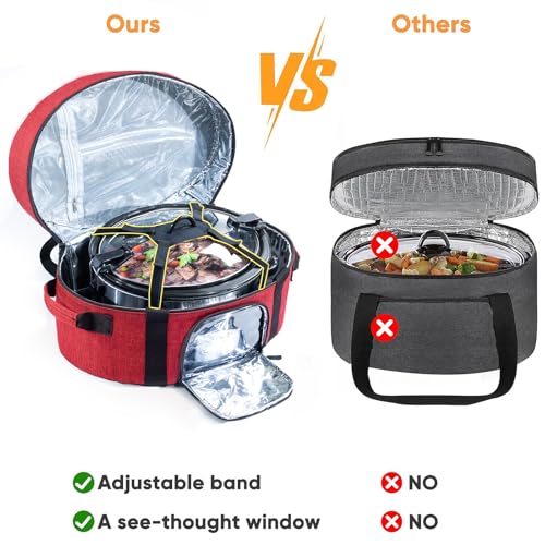 Insulated Slow Cooker Carrying Bag for 6-8 Quart CrockPot and Hamilton Beach Slow Cooker with See-thought Window, Portable Carrier Case with Adjustable Band and Accessory Pocket - color: Red