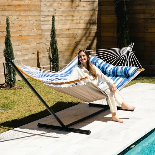 12 Ft Hammock with Stand for Outside, 2 Person Hammock Freestanding with Curved Spreader Bars, Pillow and Portable Bag, Heavy Duty 450 Lbs, Blue Stripes - color: A-blue Stripes