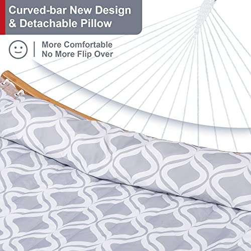 Large Hammock with 12FT Steel Stand, Freestanding Hammock with Curved Spreader Bar, Pillow and Portable Bag for Outside, Gray Ripples - color: Gray Ripples