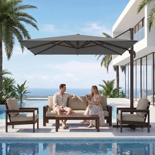Kingdura 10' X 10' Cantilever Patio Umbrella, Large Square Aluminum Outdoor Offset Umbrella with 360-degree Rotation, 4 Position Tilt, UV Protection for Pool Deck Garden Patio (Grey) - color: Grey, size: 10x10 FT (No Base)
