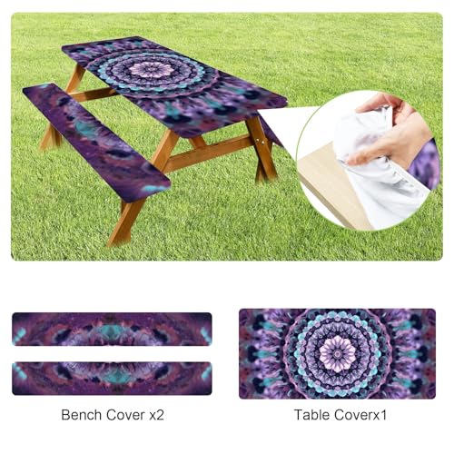 ANNA QUEEN Mandala Picnic Table Cover Set, 6FT Boho Purple Waterproof Tablecloth & Bench Covers 3PCS 72"x30" for Camping Garden Patio Festivals Retreats - color: #4