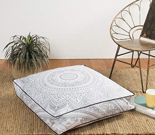 Popular Handicrafts Floor Pillow Cushion Cover - Hippie Mandala Square Ottoman Pouf Cover Indian Ombre Daybed Cotton Cushion Cover with Heavy Duty Zipper - Dog-Pets Bed, 22" Silver - color: Silver_s, style: 22 Inchx 22 Inch Square Pillow cover