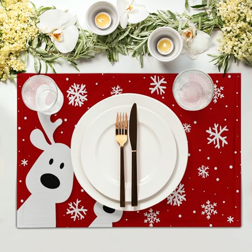 Christmas Reindeer Placemats Set of 4, 12x18 Inch Funny Xmas Red Snowflakes Winter Seasonal Heat Resistant Washable Place Mats for Kitchen Dining Table Indoor Holiday Party Decor - color: Christmas Reindeer