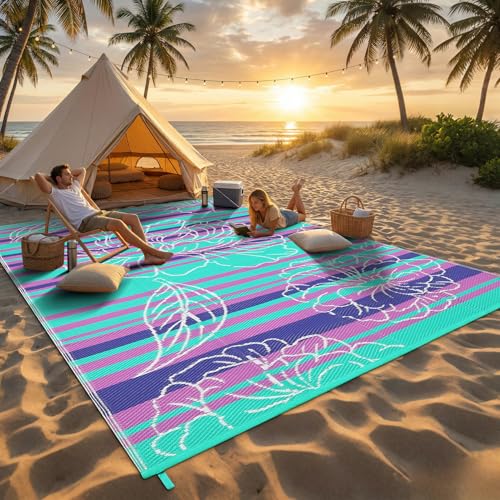 Garvee 9x12 Outdoor Waterproof Rug, Floral Outdoor Area Rug，Reversible Plastic Straw Patio Rug, Portable Camping Mat for RV, Picnic, Beach, Balcony, Garden & Camping Purple&Blue - color: Purpleblue, size: 9' x 12' (Rectangular)