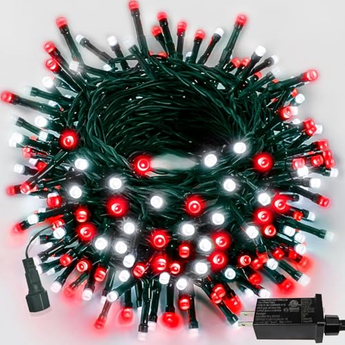 75.8 FT 200 LED Red and White Christmas Lights Outdoor Indoor, Timer & Memory Function & 8 Modes, Extendable Green Wire, Waterproof Fairy Twinkle Lights for Xmas Tree Holiday Party Garden Yard Decor - color: Red & White, size: 200LED