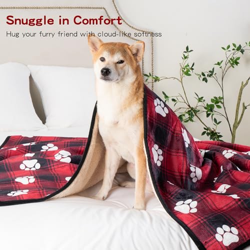 Waterproof Dog Blankets Pet Blanket 60"x80", Soft Fluffy Sofa Car Bed Protector, Reversible Sherpa Fleece Dog Blanket for Large Dogs Christmas Decor(Paw Red) - color: Paw Red, size: 60"x80"