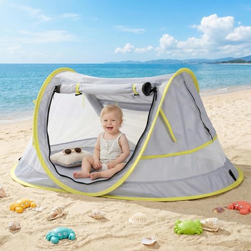 Poray Portable Baby Beach Tent with UPF 50+ Sun Shelter,Mosquito Net and Sunshade, Ideal Pop Up Kids Travel Tent with Carry Bag & 2 Stakes,Outdoor Indoor Play and Sun Protection - style: Yellow