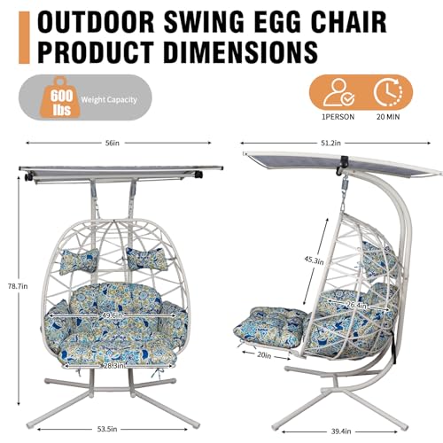 Double Egg Chair Outdoor with Stand & Canopy,Hanging Loveseat Hammock Swing Chair with Leg Rests & UV Resistant Cushion,Patio Swinging Chair,600LBS Capacity for Bedroom Balcony Garden - color: Double Chair & Footrest & Canopy, size: White Frame & Floral C