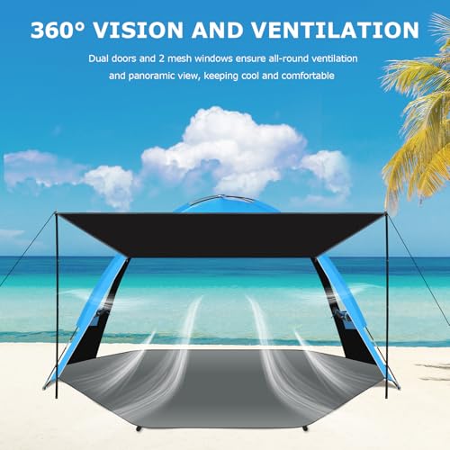 Gorich Beach Tent with Canopy - Easy Setup 3-4/5-6/7-8 Person Portable Sun Shelter, UPF 50+ UV Protection Sun Shade, Lightweight & Compact Beach Cabana for Family Travel - color: Dark Shelter-Skyblue, size: 3-4 Person