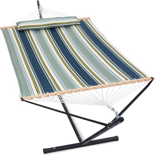GAFETE 2 Person Hammock with Stand for Outside, Heavy Duty Steel Stand, Double 55inch Hammocks, Large Removable Pillow, Storage Bags, Max 475 lbs Capacity (Ridge Olive Green) - color: Ridge Olive Green