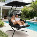 Double Egg Chair Outdoor with Stand & Adjustable Canopy, Extra Large 2 Person Hanging Chair with Leg Rests, Outdoor Egg Chair with Thickened Cushion, 600lbs Capacity for Patio, Garden (Black)