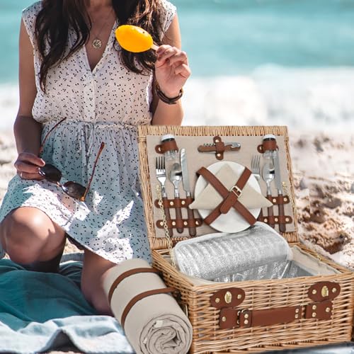 Picnic Basket with Blanket and Wine Pouch for 2, Wicker Picnic Set with Insulated Liner Cooler Bag Hamper for Camping,Wedding - Natural - color: Natural With Blanket for 2