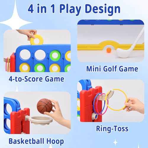 Giant 4-in-A Row Connect Game Set, Height Adjust Jumbo Yard Game for Kids & Adults w/Mesh Catching Bag, Basketball Hoop, Ring Toss & Mini Golf, Family Party 4-to-Score Indoor/Outdoor Games - color: Blue Red