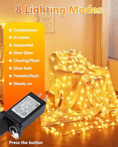 Twinkle Star 100 LED Star String Lights, 33FT Plug in Fairy String Lights Waterproof for Bedroom Decor, Indoor, Outdoor, Wedding Party, Christmas Tree, New Year, Ramadan, Warm White - color: *Warm White, size: Star lights - 49 ft
