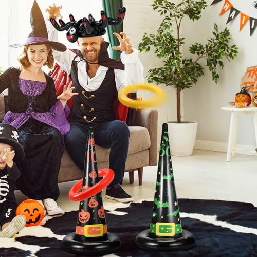Jenaai 25 Pcs Halloween Ring Toss Game Include 5 Inflatable Witch Hat, 18 Plastic Rings for Ring Toss, 2 Inflatable Spider with Air Pump for Halloween Indoor Outdoor Carnival Party Supplies