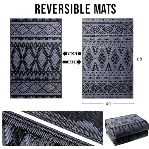 OLANLY Outdoor Rug Waterproof 4x6 ft, Reversible Outdoor Plastic Straw Rug, Boho Patio Rug, Indoor Outdoor Carpet, RV Mat Outside for Patio, Camp, Picnic, Balcony, Deck, Backyard, Black & Grey - color: Black & Grey, size: 4' X 6' (Rectangular)