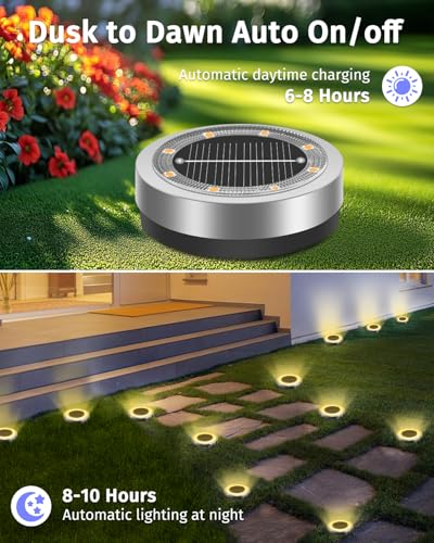 Mini Solar Ground Lights Outdoor 24 Pack Waterproof Upgraded Anti-Rust Solar Flat Garden Lights Stainless Steel Solor Powered Disc Landscape Light for Pathway Walkway Yard Lawn Patio-Warm White - color: Warm White, size: 24 Pack