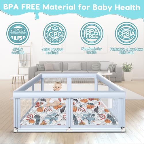 Fshibila 65" ×50" Large Baby Playpen with Mat, Baby Playard for Babies and Toddlers, Play Pens for Indoor & Outdoor, Sturdy Safety Play Yard with Soft Breathable Mesh, Anti-Fall, Grey - color: Grey, size: 65 x 50 IN+MAT