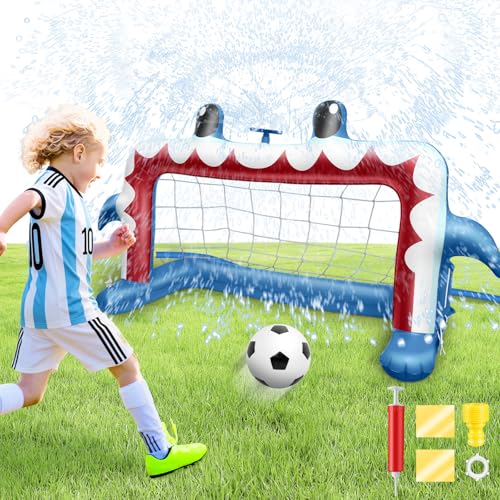 Intoypad Water Sprinkler Soccer Toys, Inflatable Shark Soccer Goal Sprinkler with a Soccer Ball Backyard Outdoor Summer Toys for Boys Girls Outside Yard Water Football Game Toys for Kids Ages 3-8