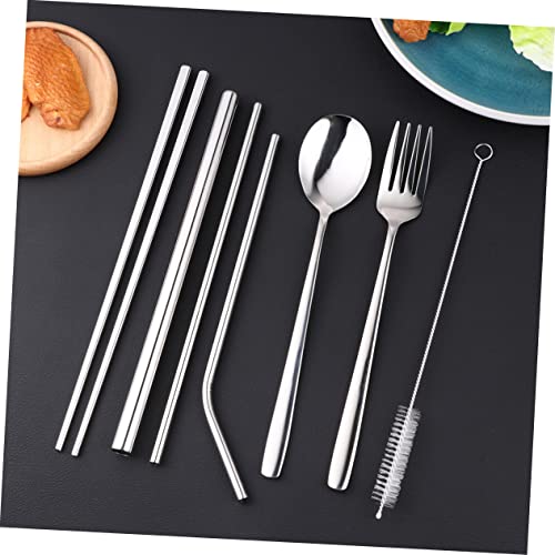 LABRIMP 8pcs Stainless Steel Tableware Set Portable Cutlery Kit with Chopsticks and Straws for Outdoor Dining Picnics and Daily Use Includes Black Carrying Bag