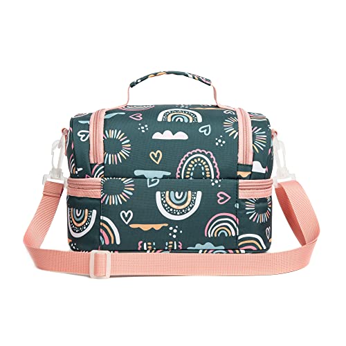 Insulated Kids Dual Compartment Lunch Bags Tote Pack for Girls Boys Toddler Kindergarten School Picnic Cooler Thermal Lunch Boxes with Strap (Green Rainbow) - color: Green Rainbow