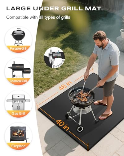 Non-Curl 48x40 inch Under Grill Mats for Outdoor Grill, Indoor Fire Pit Hearth Rugs for Fireplace, Double-Sided Fireproof, Oilproof & Waterproof BBQ Grill Mat, Easy to Clean,for Deck/Patio/Lawn - size: 48x40 in