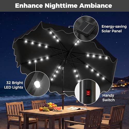 Tangkula 10 FT Solar Patio Umbrella with Base Included, 2-Tiers Outdoor Scalloped Table Umbrella with 32 LED Lights, 2 Sandbags, Tilt Adjustment, Crank, 8 Ribs for Market Backyard Pool Deck Beach Lawn (Gray, 10 FT) - color: Gray, size: 10 FT