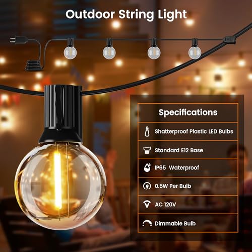 OHLUX Outdoor String Lights,110FT Dimmable Patio Lights with 58 Shatterproof 2200K LED G40 Bulbs(2 Spare),Waterproof Hanging Lights String for Outside Backyard Cafe Porch Deck Porch - size: 110ft