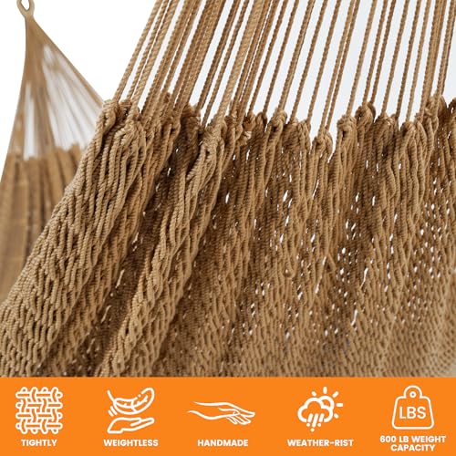Lazy Daze Hammocks Handwoven Mayan Hammock with Heavy Duty Steel Stand, 10.5 FT Soft Rope Double Hammock for Patio Outside, 550 lbs Weight Capacity, Tan - color: Tan