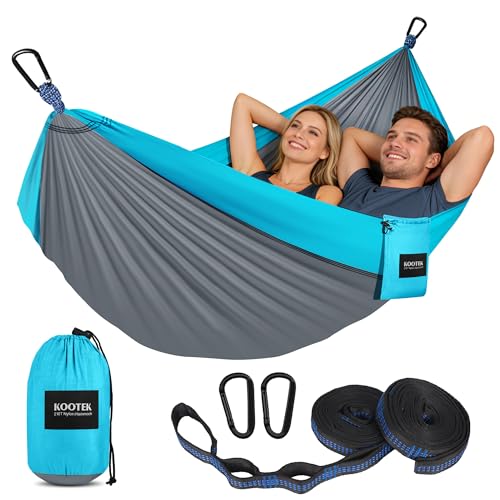 Kootek Camping Hammock, Portable Hammocks with Tree Straps & Attached Carry Bag, Camping Essentials Gear, Perfect for Outside Indoor Hiking Beach Backpack Travel - color: Grey & Sky Blue, size: Large