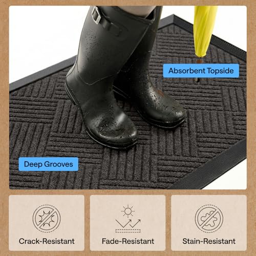 GORILLA GRIP 100% Waterproof All-Season WeatherMAX Doormat 35x23, US Designed Natural Rubber, Stain and Fade Resistant, Low Profile Indoor Outdoor Door Mats, Easy Clean Patio Mat, Gray Diamond - color: Gray Diamond, size: 35" X 23"