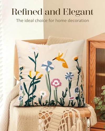 Embroidered Throw Pillow Cover 18x18 Inch - Spring Summer Boho Decorative Pillow Cover with Zipper for Living Room Couch Sofa Bed Aesthetic Design Flower Bird Cushion Pillowcase - color: Flower Bird, size: 18" x 18" (Pack of 1)