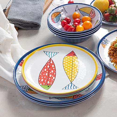 Melamine Dinnerware set for 4, Plates and Bowls Sets, Great for Camper, RV, Indoors Outdoors Use with Ocean Printed, Unbreakable - color: Blue Fish