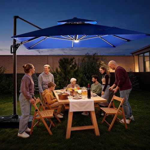 JZAC & QZYD 9x12 FT Outdoor Cantilever Patio Umbrella with LED Lights, Large Heavy Duty 2-Tier Aluminum Offset Umbrellas with 360-Degree Rotation for Pool Deck, Navy - color: Navy, size: 9'×12'