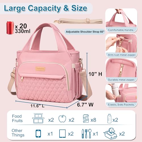 Lunch Bag Lunch Box Women - Insulated Lunch Tote Bag for Women Men, Leakproof Large Womens Lunch Bags for Work, Lunch Cooler Bag for Adult with Side Pocket for Picnic, Hiking, Beach (Pink) - color: Pink