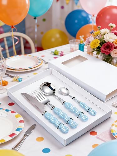 Stainless Steel Flatware Set, 4-Piece Heavy Duty Cutlery Set with Dinner Knife, Fork & Spoons, Tableware Gift for Daily Use Wedding Housewarming Baby Shower Valentine's Day Present (Blue) - color: Blue
