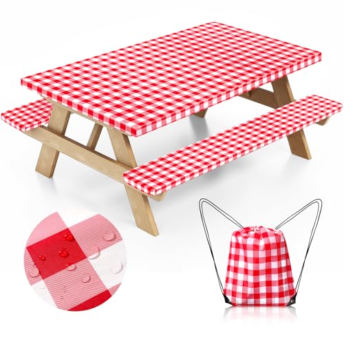 Picnic Table Cover with Bench Covers and Bag, Camping Table Camping Essentials Cover with Elastic Edges (Red) - color: Red
