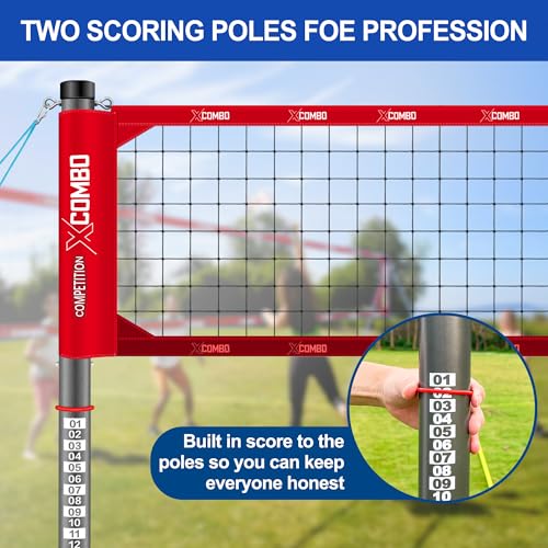 Professional Volleyball Net Set Heavy Duty for Outdoor Backyard Portable with Aluminum Adjustable Height Scoring Poles, Regulation Nets System for Tournament, Grass - color: Red