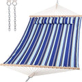 SUNCREAT Hammocks Quilted Fabric Hammock, Double Hammock with Spreader Bar, Soft Pillow, Max 475lbs Capacity, Blue Stripes - color: Blue Stripes