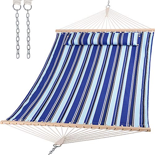 SUNCREAT Hammocks Quilted Fabric Hammock, Double Hammock with Spreader Bar, Soft Pillow, Max 475lbs Capacity, Blue Stripes - color: Blue Stripes